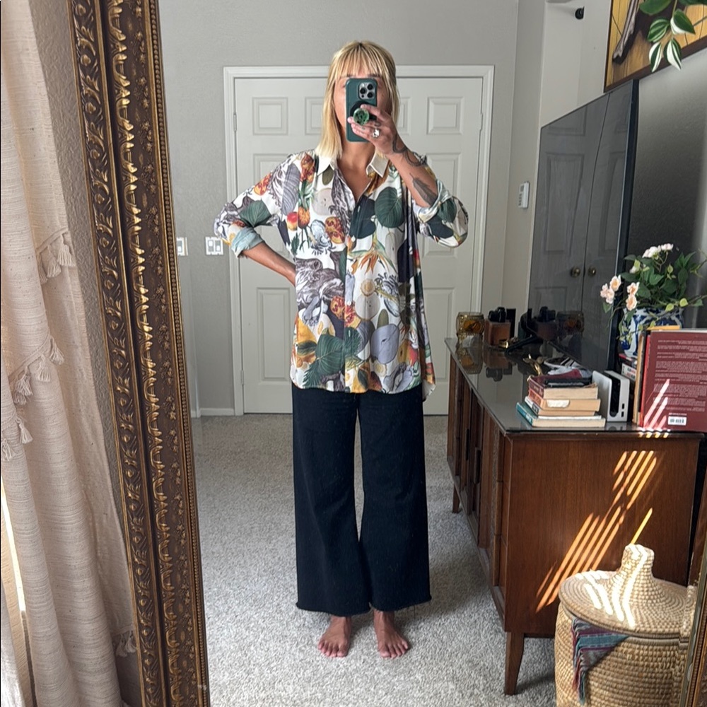Monki Abstract Floral Button-Up Shirt, Small